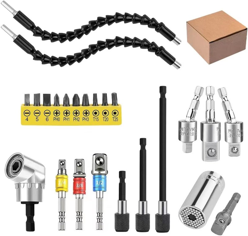 Grednfhat 24pcs Flexible Drill Bit Extension Set, 105°Right Angle Drill Attachmen, Rotatable Joint Socket 1/4 3/8 1/2 Inch Hex Socket Adapter Socket Bendable Drill Bit Extension Screwdriver with a Box (Sliver) - Image 1